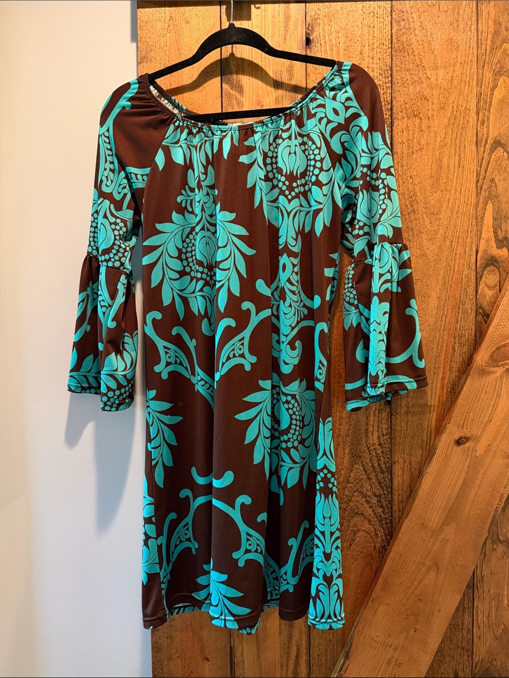 Women’s Brown and Turquoise Floral Bell-Sleeve Dress